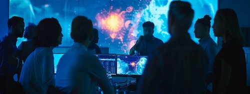 Team members discussing how to maintain a centralized knowledge base using knowledge management services.